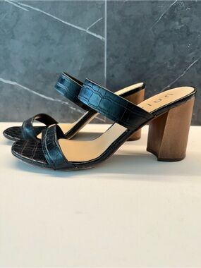 Unisa Yara 3 Black Croc-Embossed Double Strap Block Heel Sandals